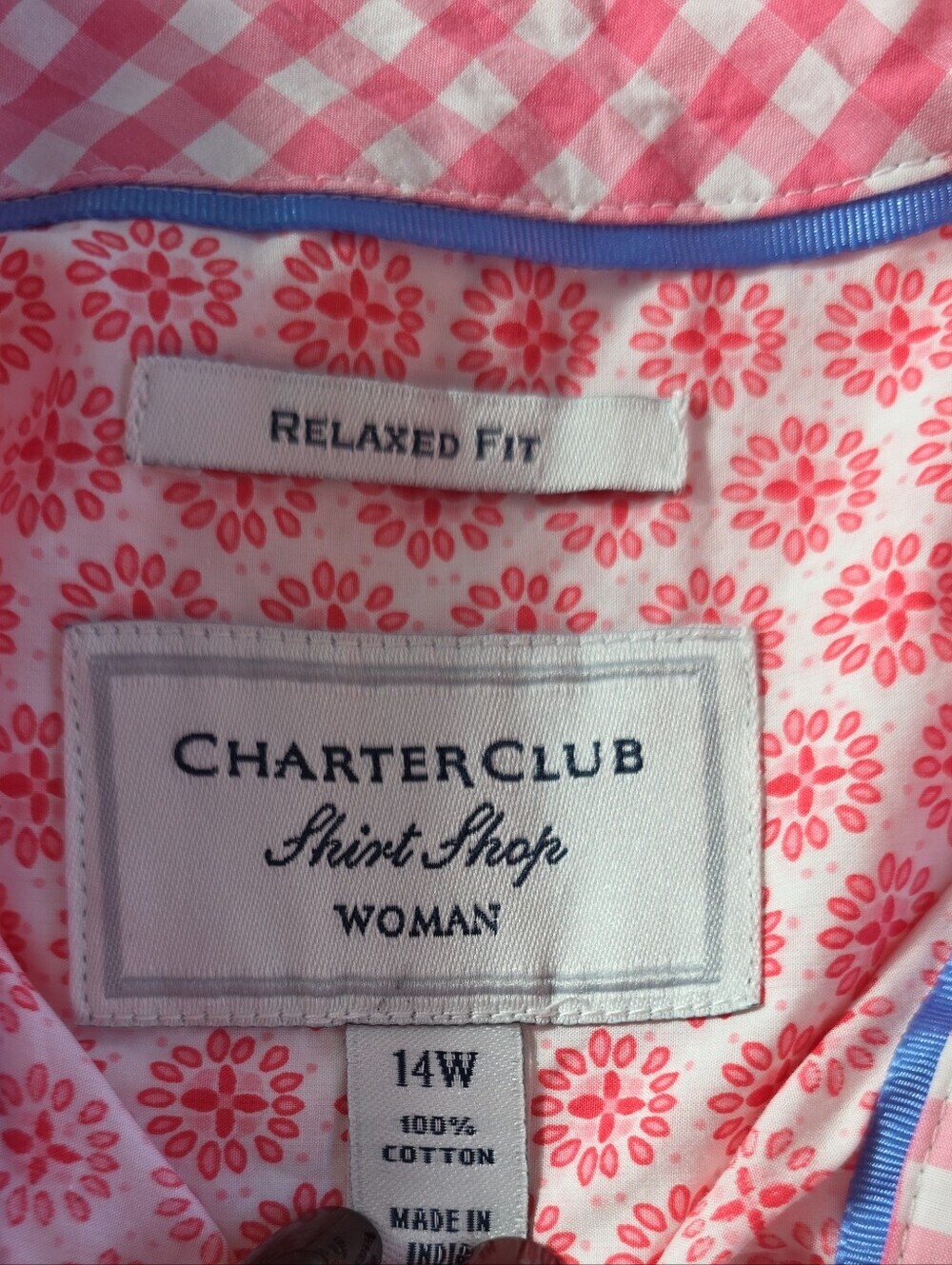 Vintage Charter Club Pink Floral Button Down Shirt Women 14W 100% Cotton - Picture 8 of 8